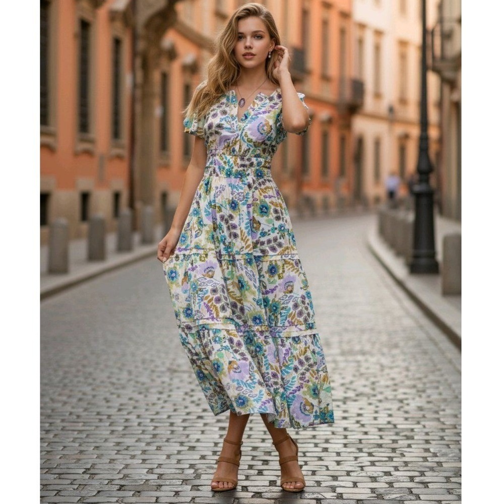 Johnny‎ Was Workshop Ikat Floral Tiered Maxi Dress Smocked Waist W30523-4 Small